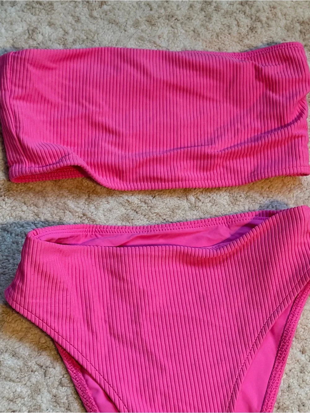 Frankie's Bikini Ribbed Pink Bandeau Bikini Set (XS)